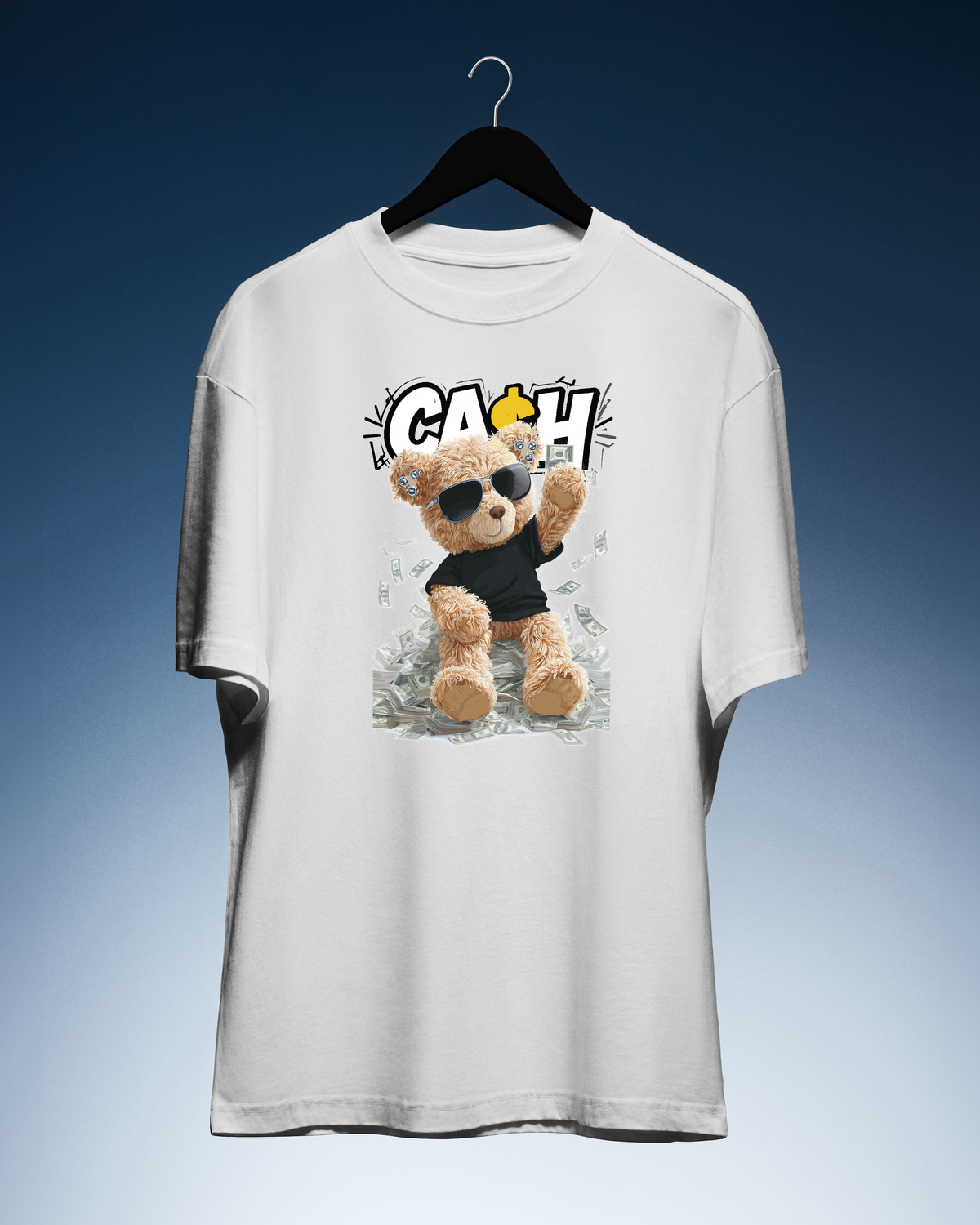 DIYANYONE Original "CASH KING" Teddy Bear Cotton Graphic T-Shirt - Urban Streetwear Style, Anti-Establishment "No King in American" Statement Tee