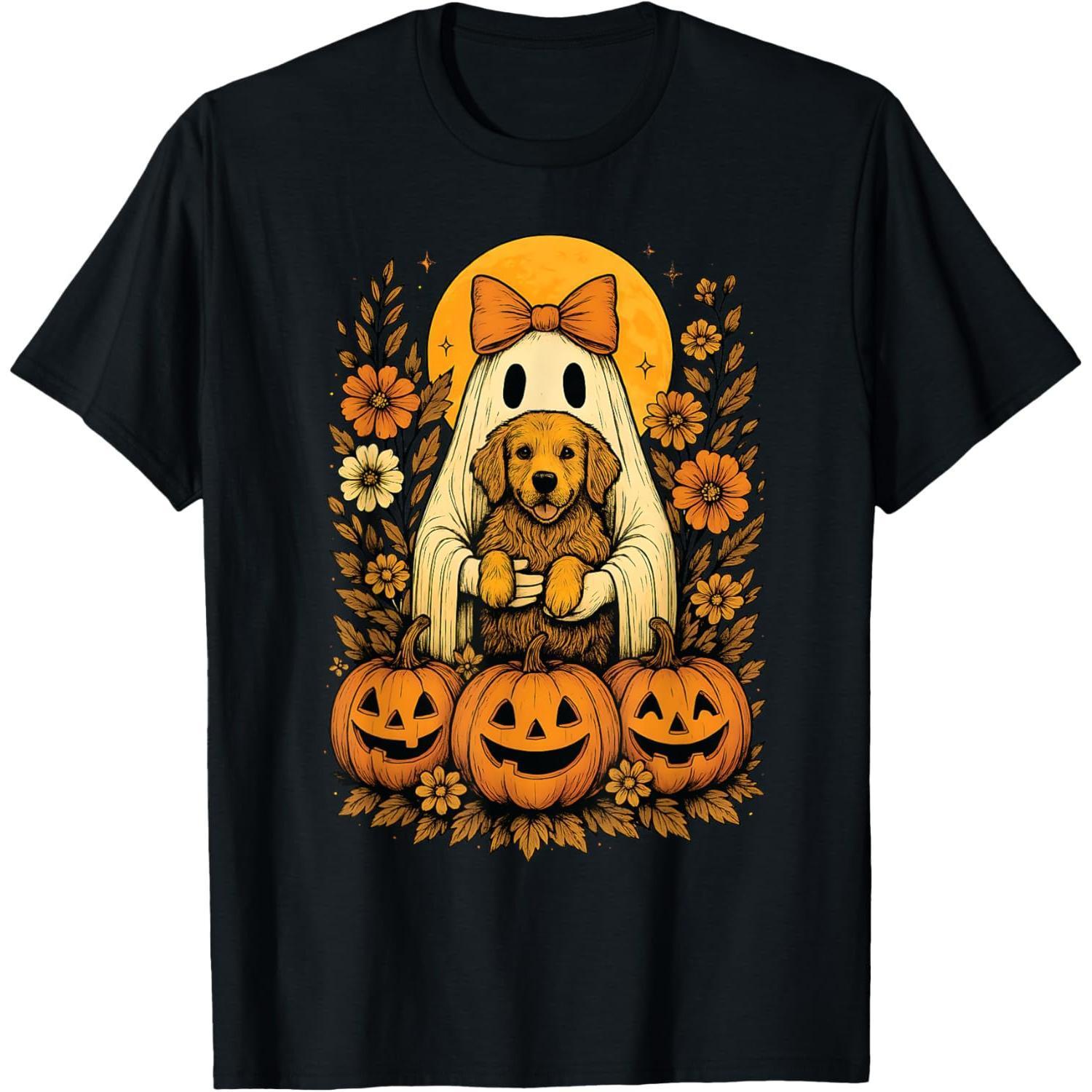 Vintage Halloween Ghost Holding Golden Retriever Dog T-Shirt