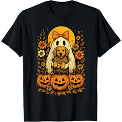 Vintage Halloween Ghost Holding Golden Retriever Dog T-Shirt