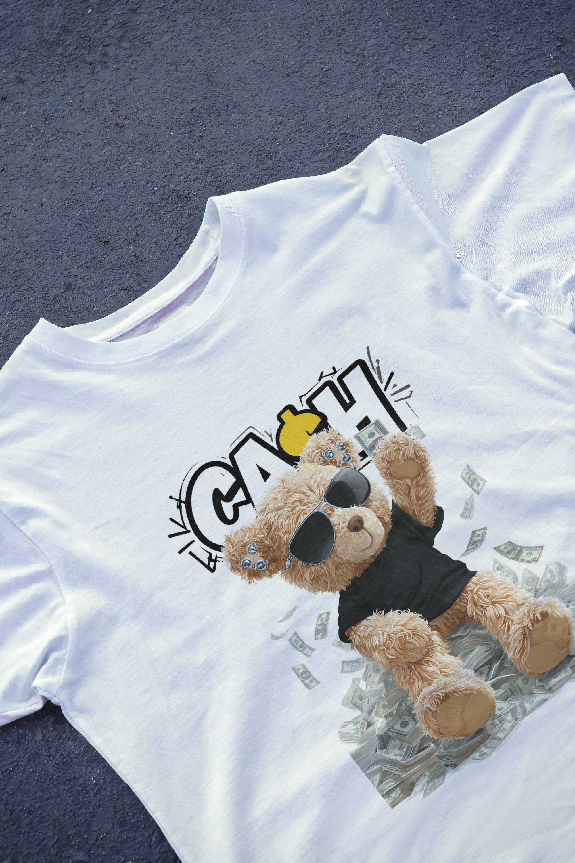 DIYANYONE Original "CASH KING" Teddy Bear Cotton Graphic T-Shirt - Urban Streetwear Style, Anti-Establishment "No King in American" Statement Tee