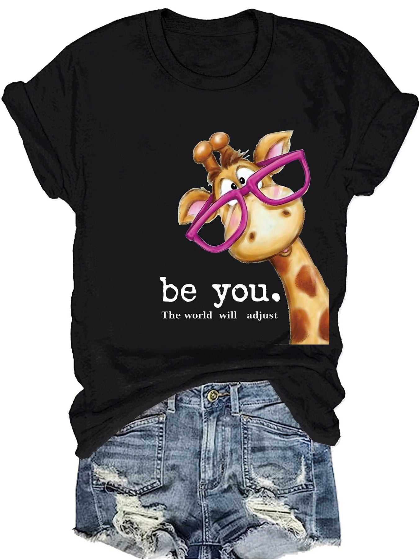 Giraffe print t-shirt, short sleeve crew neck casual top for summer spring, Women's clothing