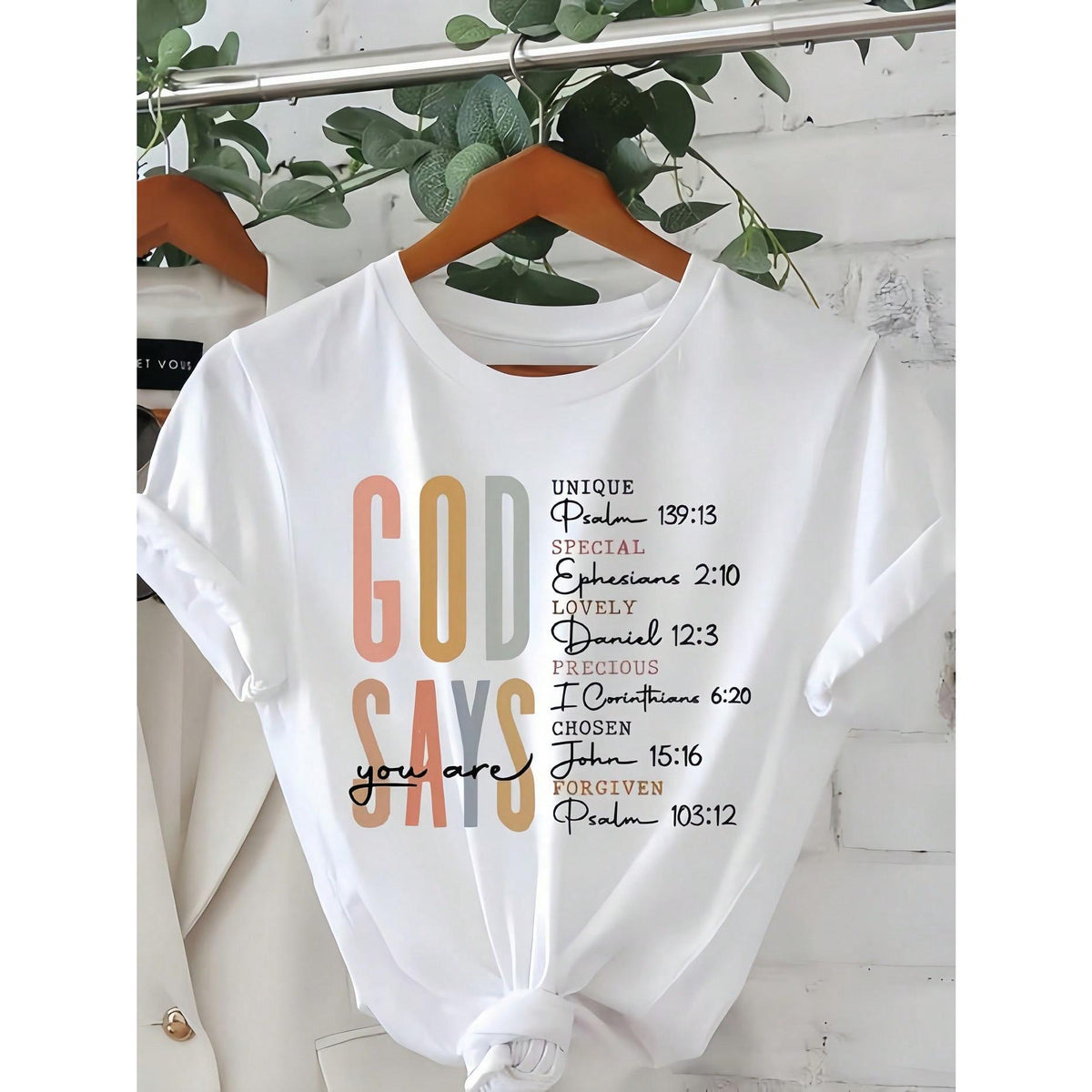 Women' God Says Bible Verse Print Black TShirt Crew Neck Casual Cotton Tee Medium Stretch Knit Fabric Regular Fit For Female Ladies
