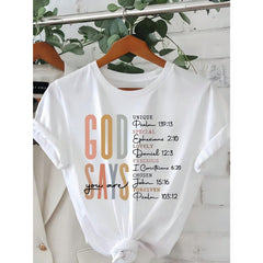 Women' God Says Bible Verse Print Black TShirt Crew Neck Casual Cotton Tee Medium Stretch Knit Fabric Regular Fit For Female Ladies
