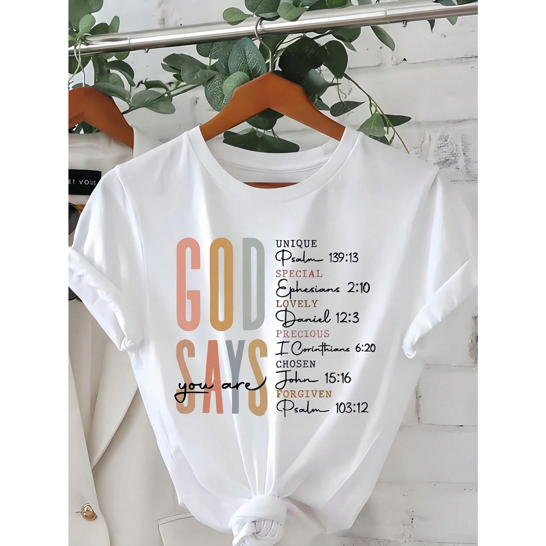Women' God Says Bible Verse Print Black TShirt Crew Neck Casual Cotton Tee Medium Stretch Knit Fabric Regular Fit For emale Ladies