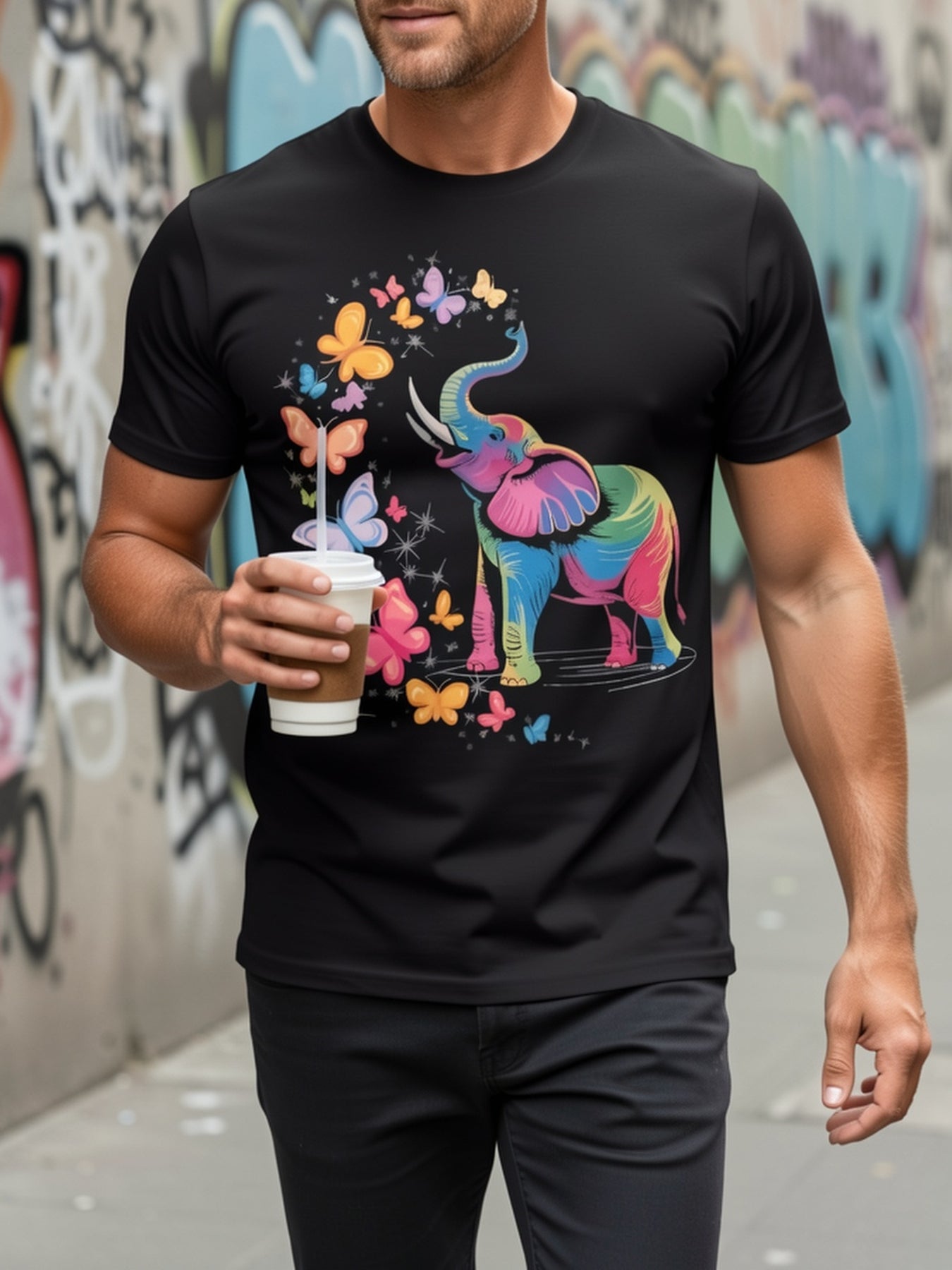 Colorful Rainbow Elephant With Butterflies Graphic T-Shirt, Unisex Cotton Crew Neck Short Sleeve Tee, Cute Wild Animal Casual Novelty Shirt, Gift For Elephant Lovers