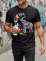 Colorful Rainbow Elephant With Butterflies Graphic T-Shirt, Unisex Cotton Crew Neck Short Sleeve Tee, Cute Wild Animal Casual Novelty Shirt, Gift For Elephant Lovers