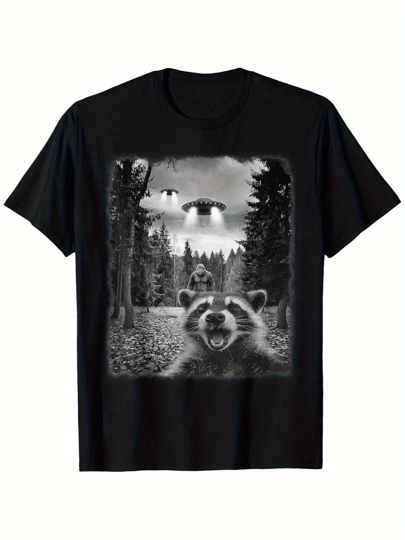 Men'S Funny Sasquatch Raccoon Graphic T-Shirt, Casual Round Neck Short Sleeve Tee with UFO Design