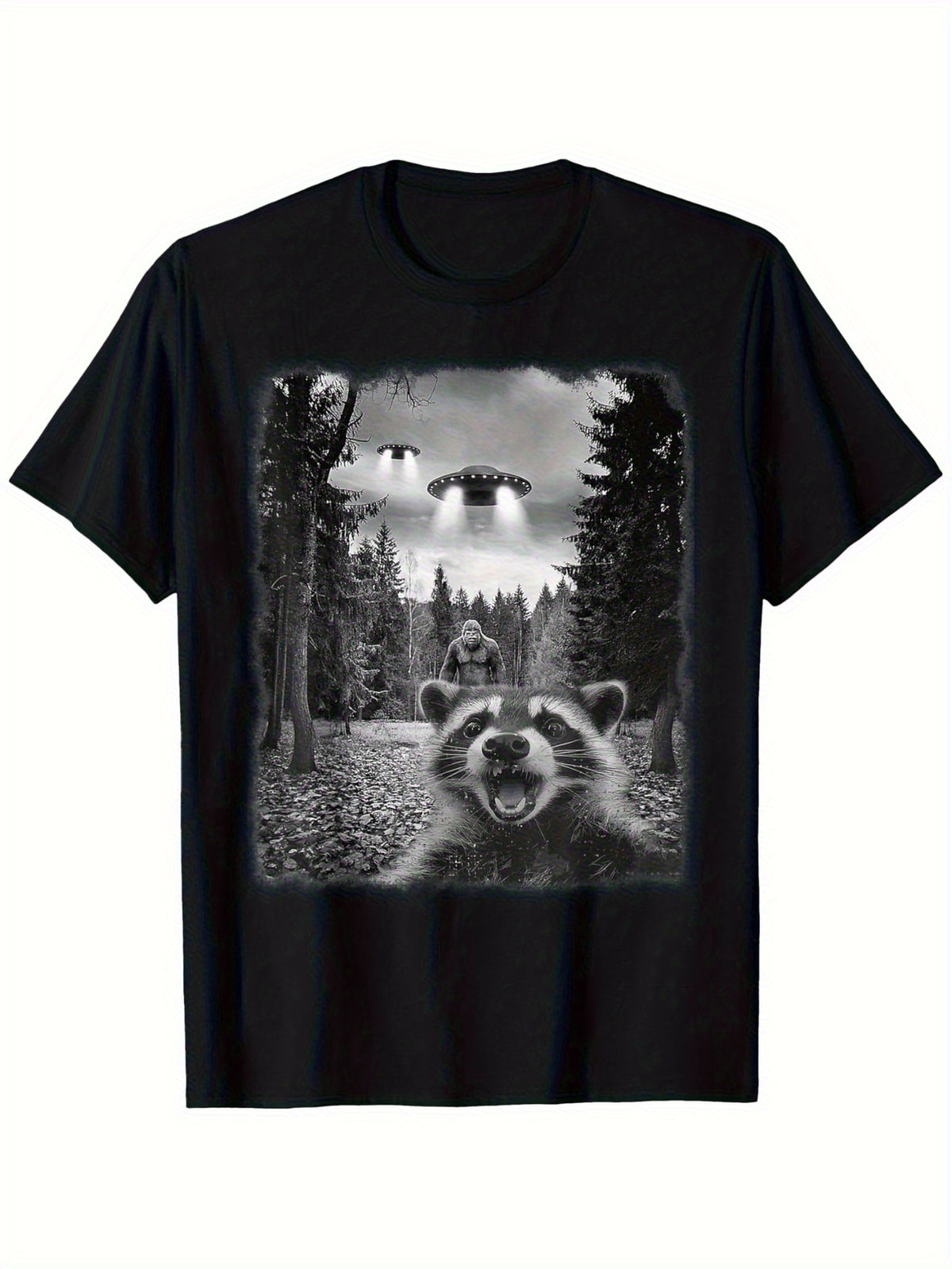 Men'S Funny Sasquatch Raccoon Graphic T-Shirt, Casual Round Neck Short Sleeve Tee with UFO Design