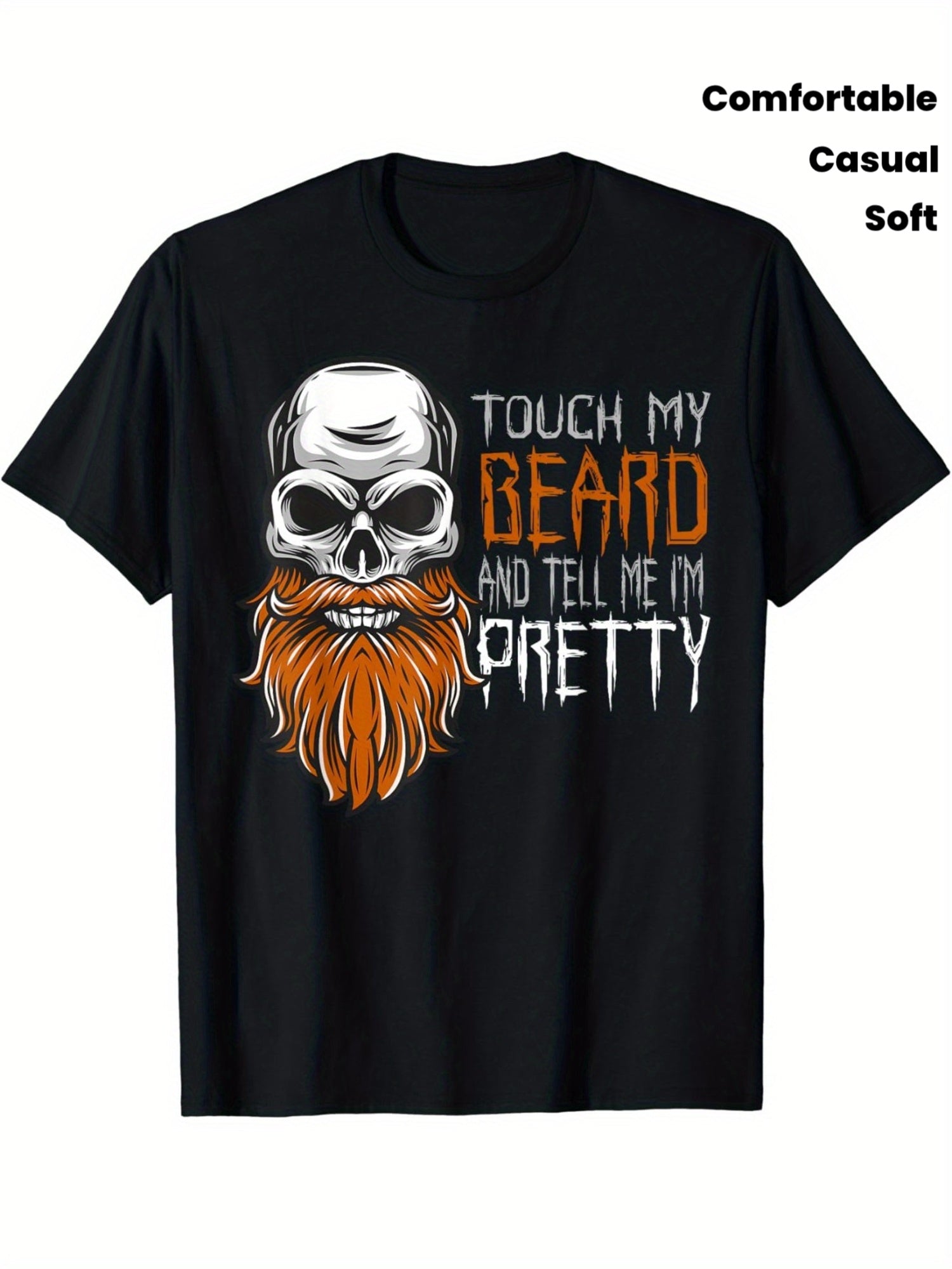 Beard Skull Pattern T-shirt - Soft, Men's Round Neck Short Sleeve - Casual Streetwear with Bold Orange and White Prints, Suitable for All Seasons | Bold Skull Prints | Comfortable Fit
