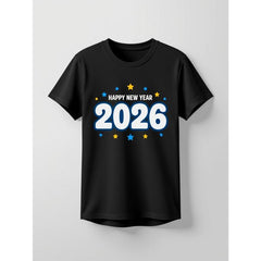Happy New Year 2026 Graphic Print Black T Shirt Casual Daily Party Celebration Short Sleeve Tee Top for Men Women Round Neck, Summer, Elegant Crew Neck Shirt, Casual Wear, Casual Top for Adults