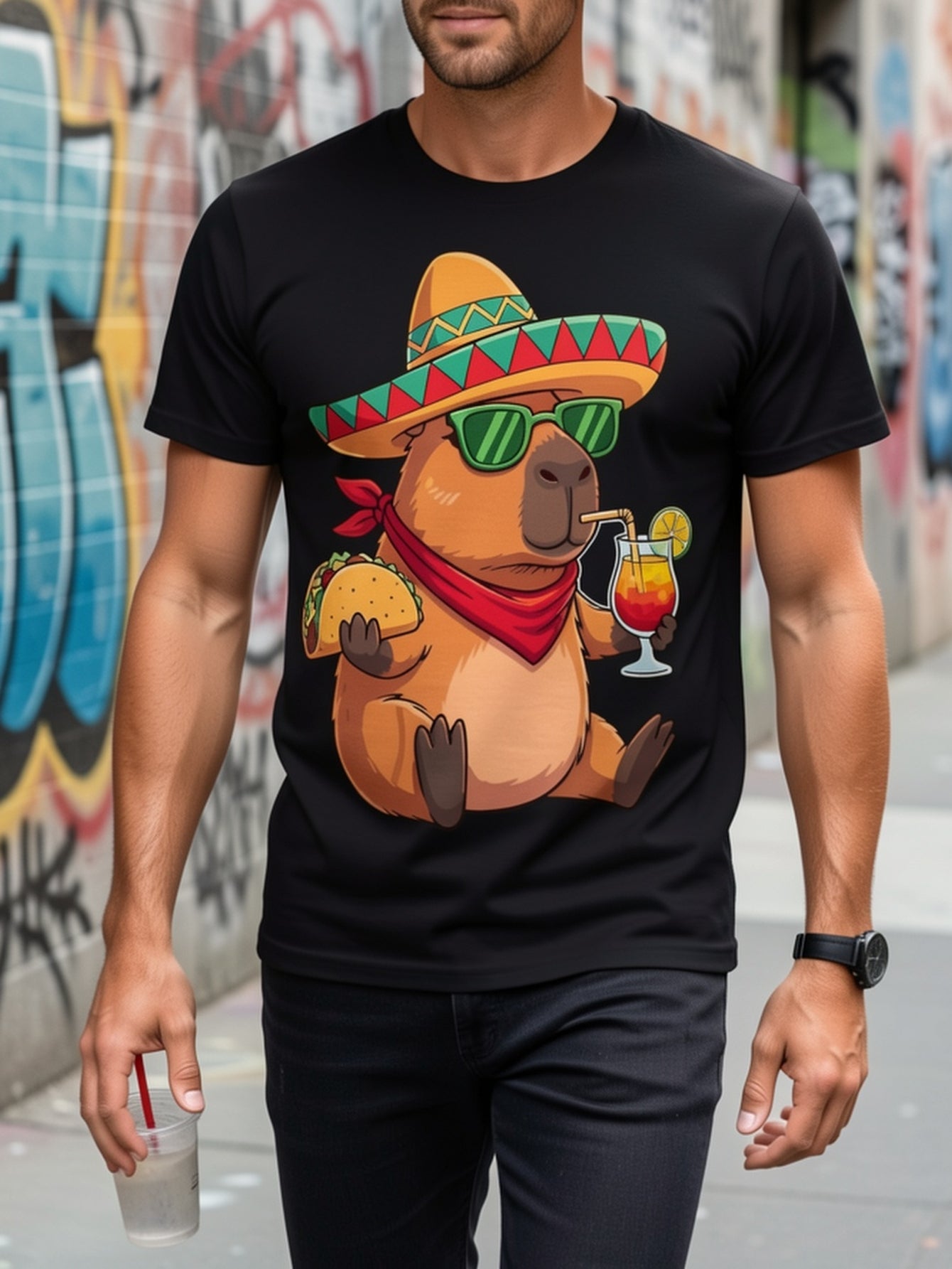 Capybara With Sombrero Taco Mexican Fiesta Graphic T-Shirt, Unisex Cotton Crew Neck Short Sleeve Tee, Vintage Funny Animal Casual Novelty Shirt, Gift For Capybara Lovers