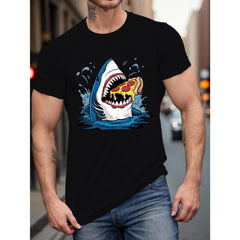Men's TShirt - Casual Short Sleeve Tee, Shark with Pizza Graphic