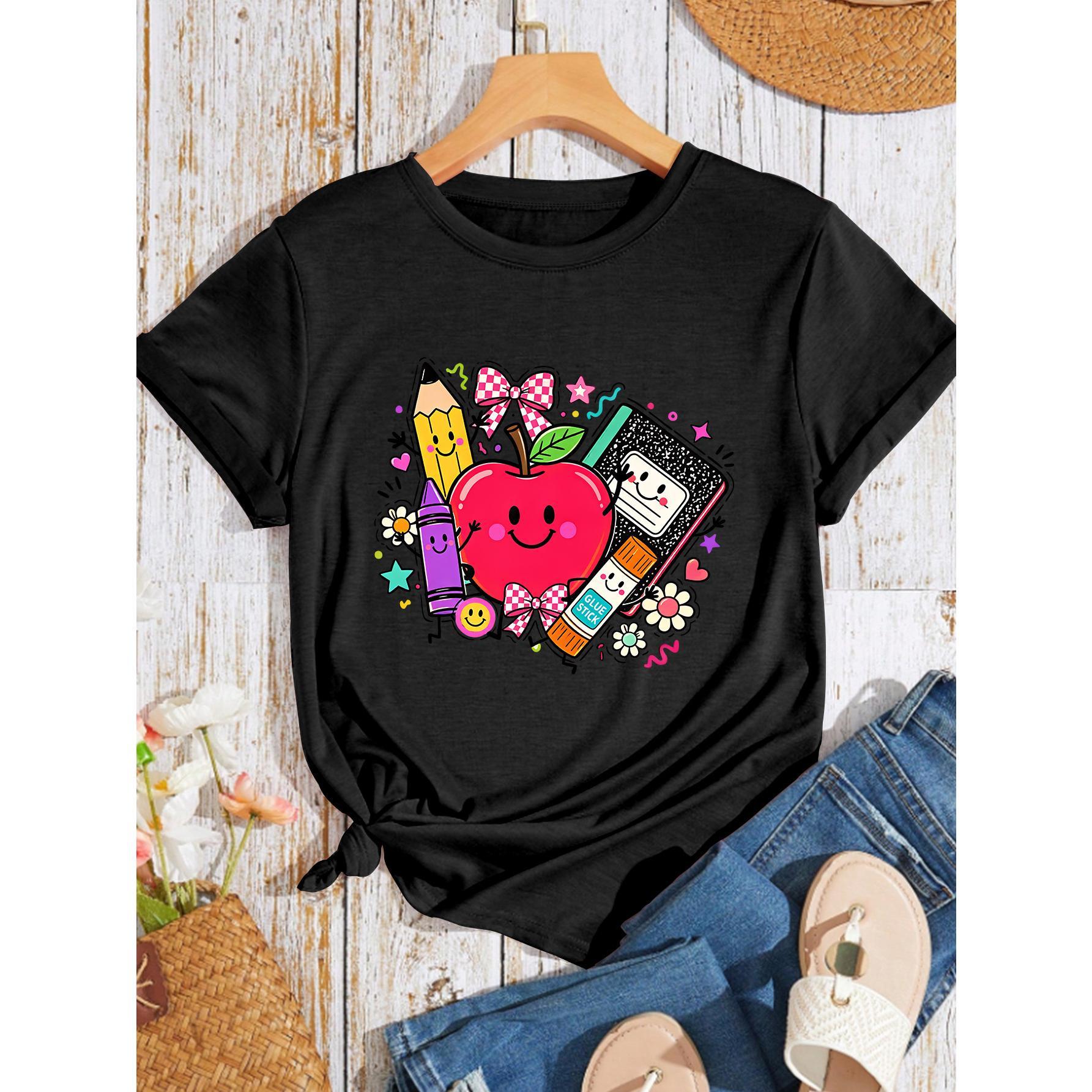 Back-To- Cartoon Apple Pencil Crayon Notebook Bow Cute Campus Stationery Printed Top Round Neck Casual Fashion Retro Style, Women'S Spring Summer Soft Top Smooth Drape Round Neck Short Sleeve T-Shirt Coastal Style Dating