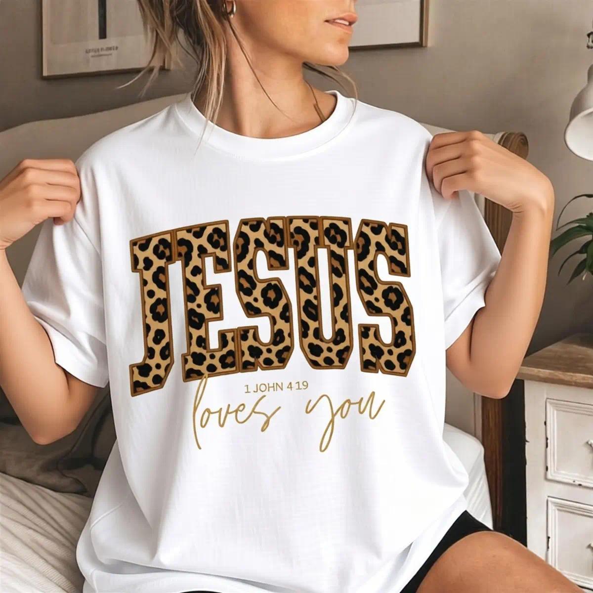 Christian Jesus t-shirt, Cheetah Print Bible Verse t-shirts, Trendy Faith Apparel Gift, Jesus Loves You, The Way The Truth The Life