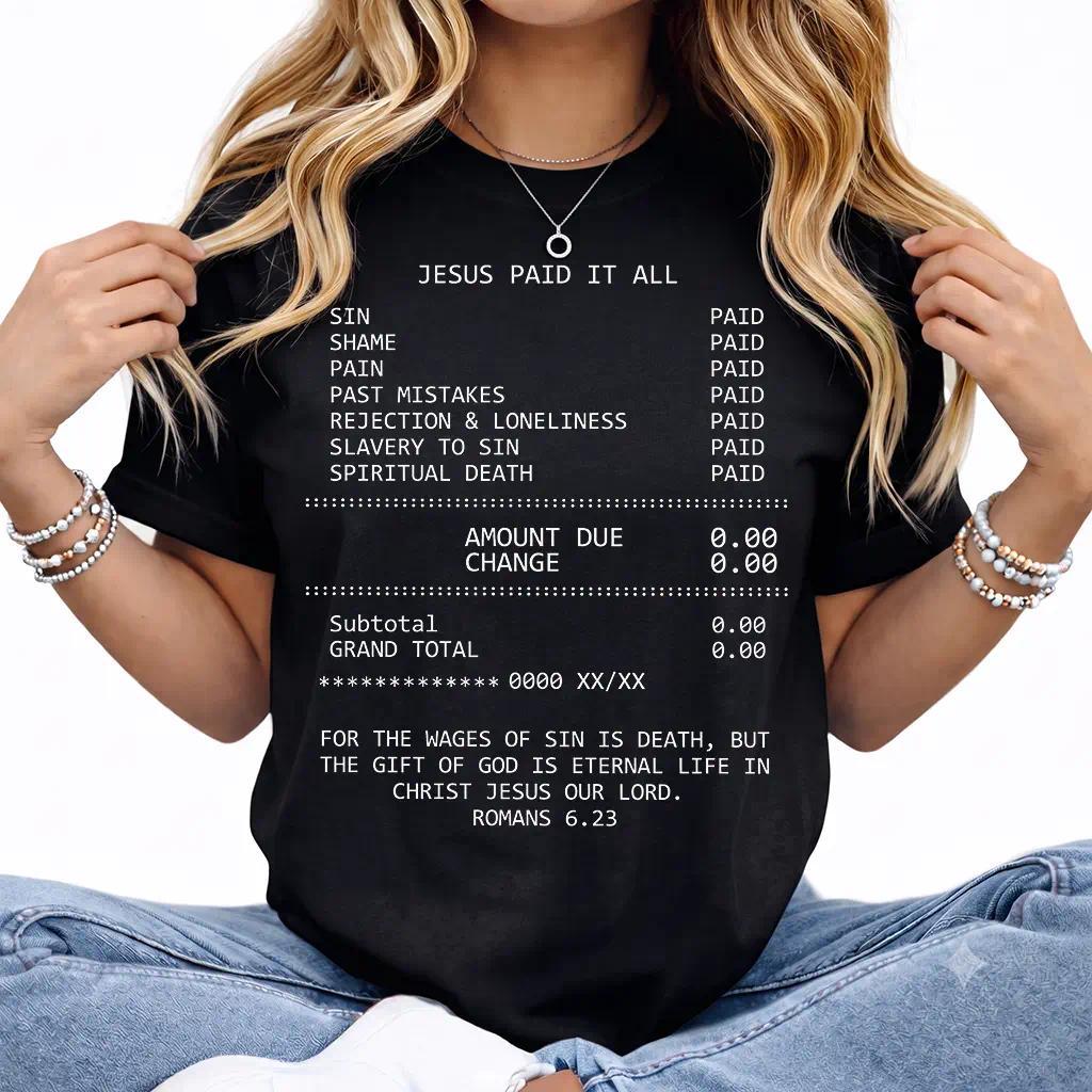 JESUS PAID IT ALL Graphic Print Tee - Soft, Breathable, Casual Short Sleeve T-Shirt for Unisex - Perfect for Summer, Outdoor Activities, and Faith-Based Events