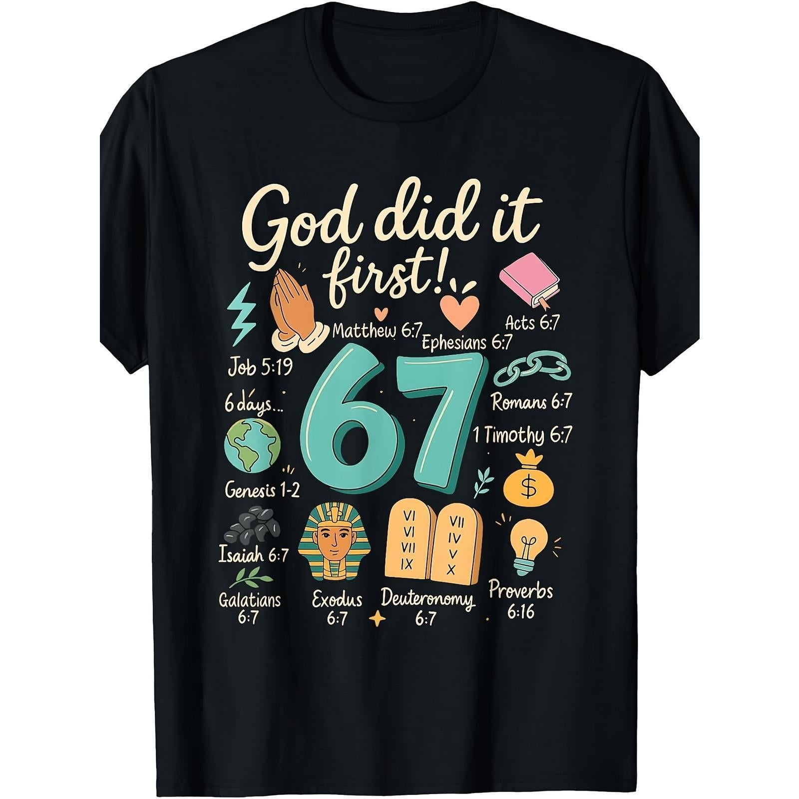 Retro God Did It First 67 Bible Verse Graphic T-Shirt, Unisex Premium Soft Cotton Crew Neck Tee, All Season Faith Tee, Ideal For Church Events And Christian Believer Gift