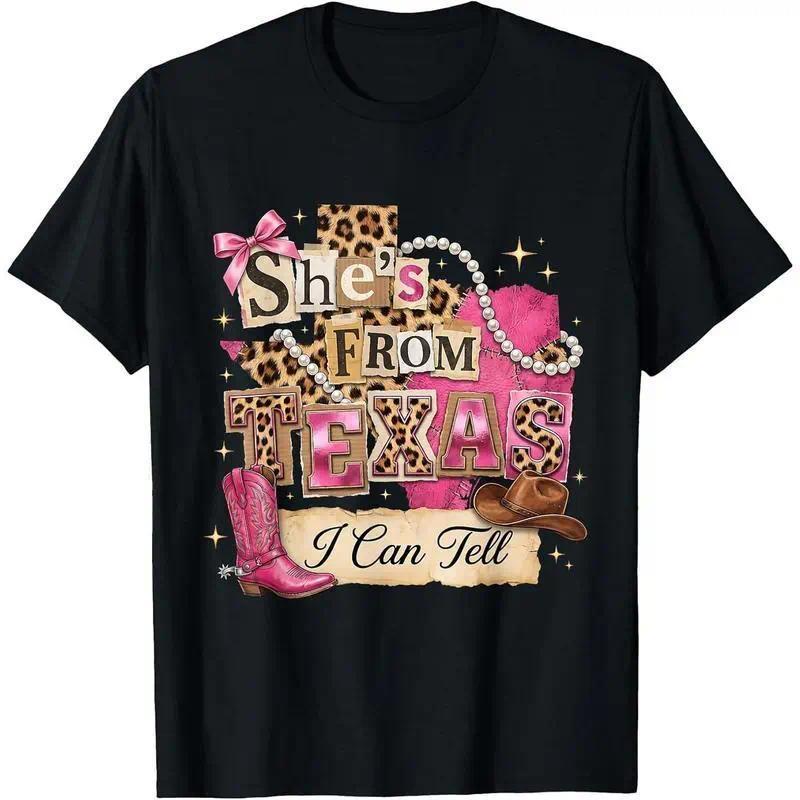 She’s From Texas I Can Tell Western Cowgirl T-Shirt Pink Boots Lone Star State Pride Graphic Tee Unisex Summer Casual Top Soft Cotton Crew Neck