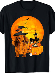 Cute Long-Haired Dachshund Witch Halloween Graphic T-Shirt, Unisex Cotton Crew Neck Short Sleeve Tee, Retro Spooky Dog Novelty Shirt, Gift For Halloween And Dog Lovers