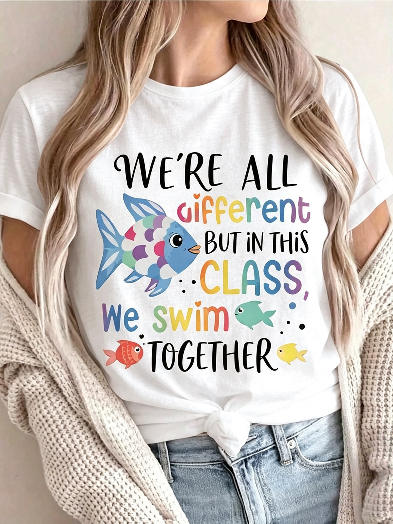 We're All Different But In This Class We Swim Together Graphic T‑Shirt for Women, Colorful Fish Casual Short Sleeve Tee, Teacher Classroom Gift Top