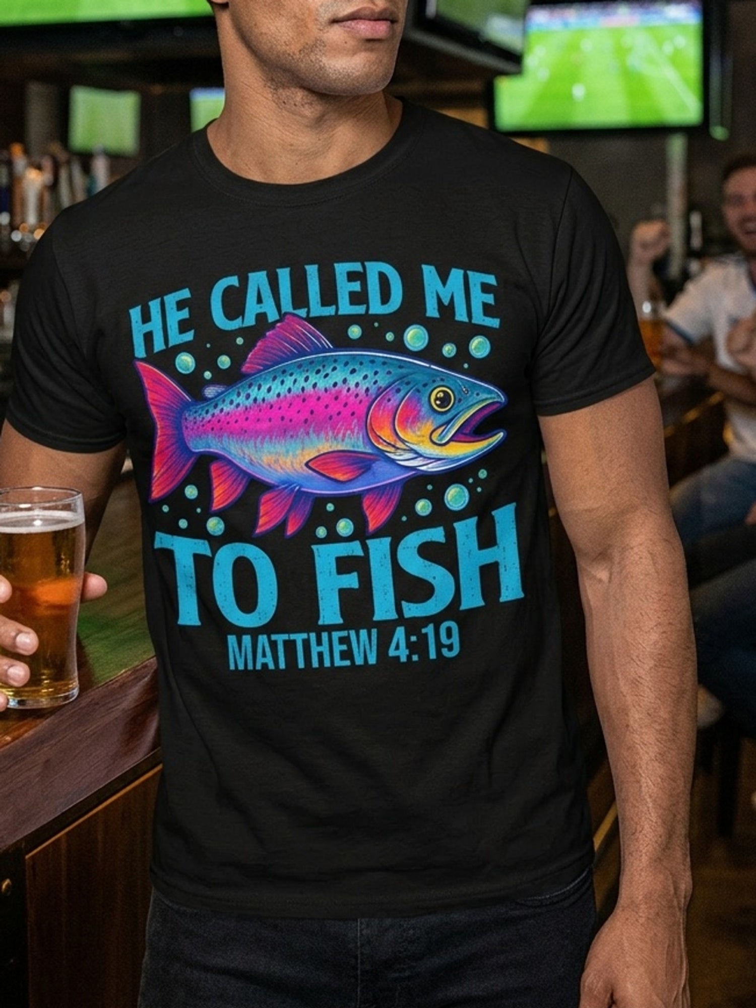 Funny He Called Me To Fish Matthew 4:19 Rainbow Trout Graphic T-Shirt, Unisex Cotton Crew Neck Tee, All Season Christian Fishing Top, Casual Faith Gift For Anglers