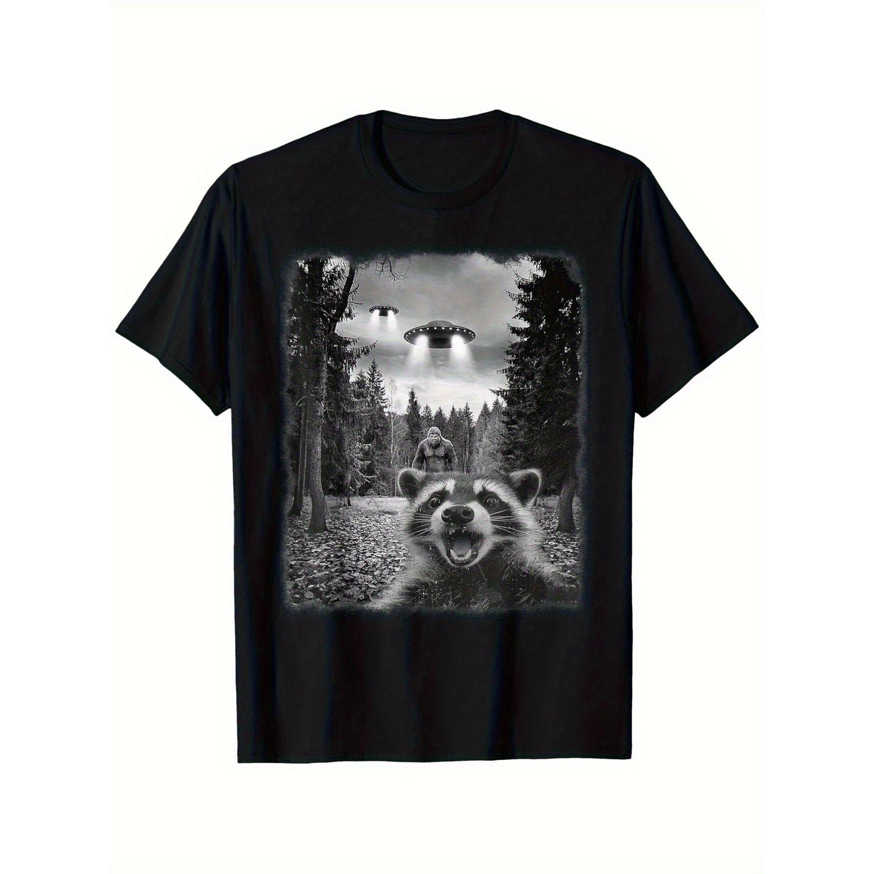 Men'S Funny Sasquatch Raccoon Graphic T-Shirt - Casual Round Neck Short Sleeve Tee with UFO Design Perfect for Outdoor & Casual Attire, Raccoon Shirt
