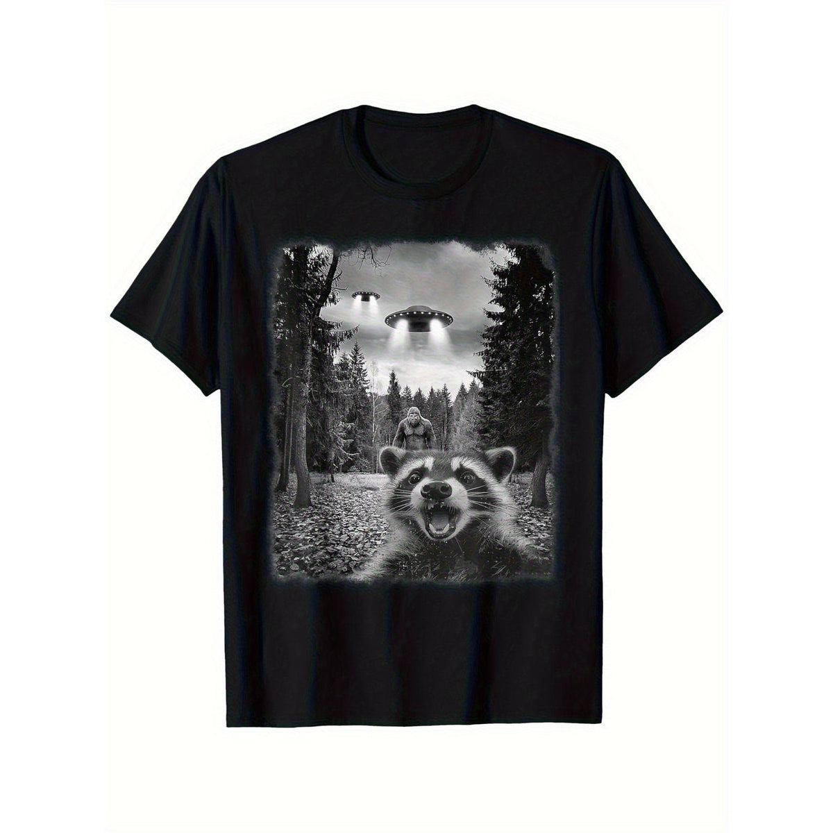 Men'S Funny Sasquatch Raccoon Graphic T-Shirt - Casual Round Neck Short Sleeve Tee with UFO Design Perfect for Outdoor & Casual Attire, Raccoon Shirt