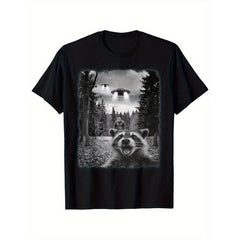 Men'S Funny Sasquatch Raccoon Graphic T-Shirt - Casual Round Neck Short Sleeve Tee with UFO Design Perfect for Outdoor & Casual Attire, Raccoon Shirt