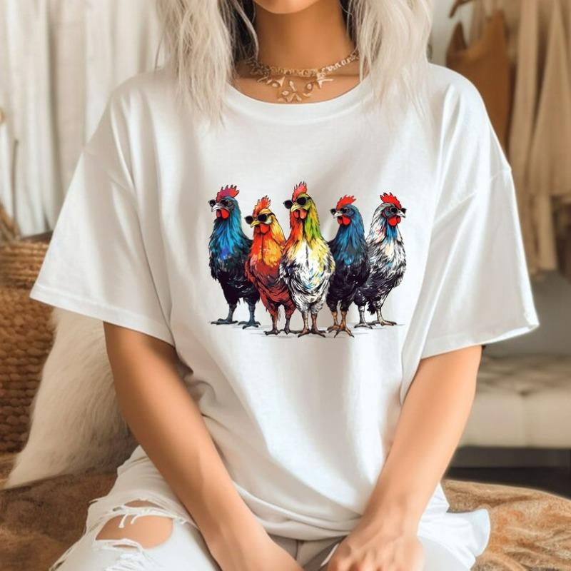 Chicken Group Sunglasses Cartoon Graphic T-Shirt