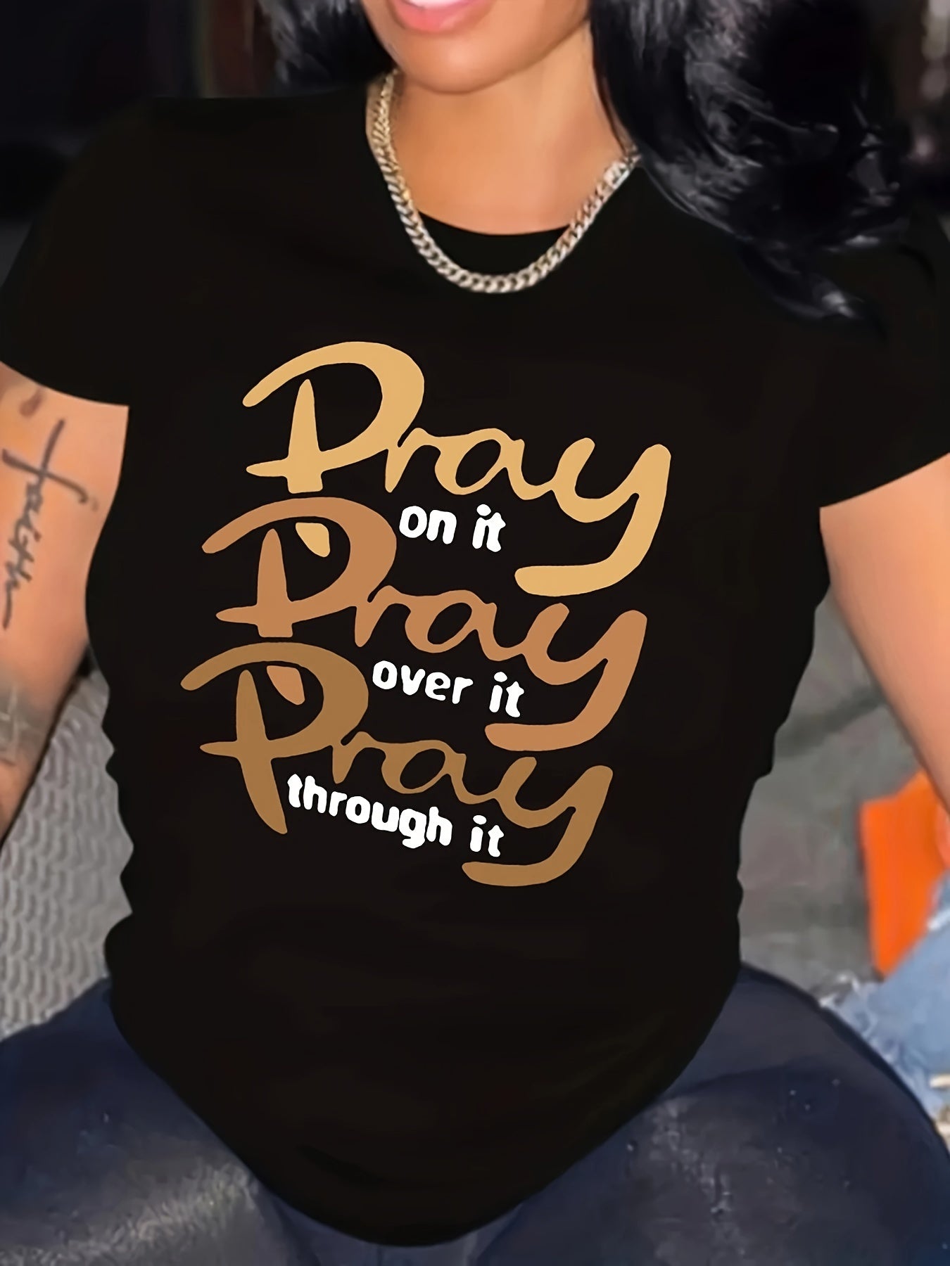 Pray Letter Print T-shirt, Casual Crew Neck Short Sleeve Top For Spring & Summer, Women's Clothing
