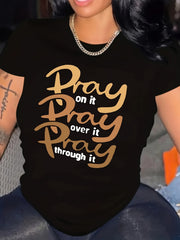Pray Letter Print T-shirt, Casual Crew Neck Short Sleeve Top For Spring & Summer, Women's Clothing
