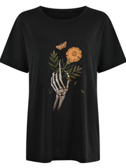Vintage Skulls Print Women T Shirt Women's Gothic Skeleton Hand With Marigold Flower & Moth Graphic T‑Shirt Halloween Skeleton Hand Tees Tops