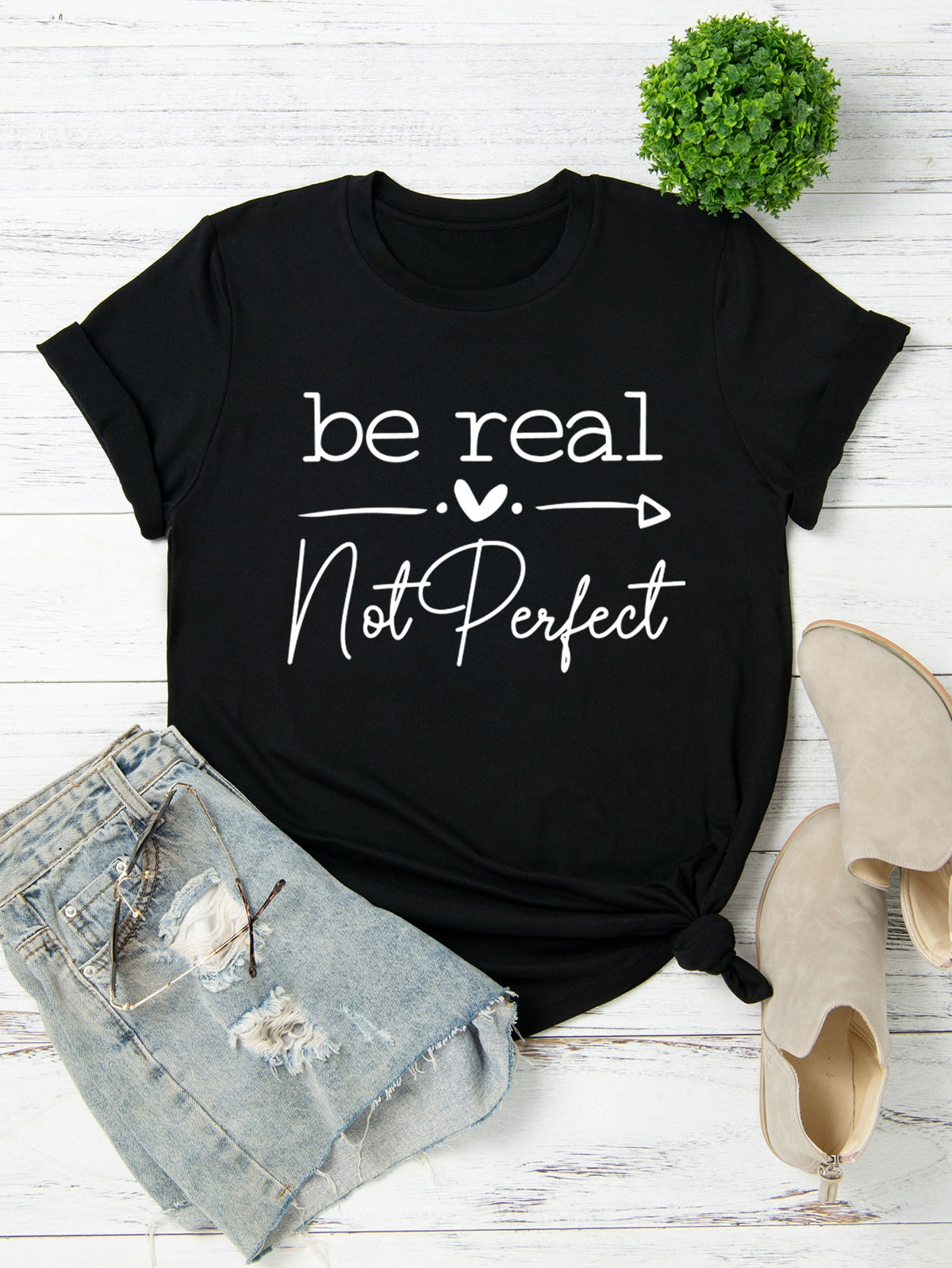 Plus Heart & Slogan Graphic Tee, Women Summer Top, Be Real Not Perfect