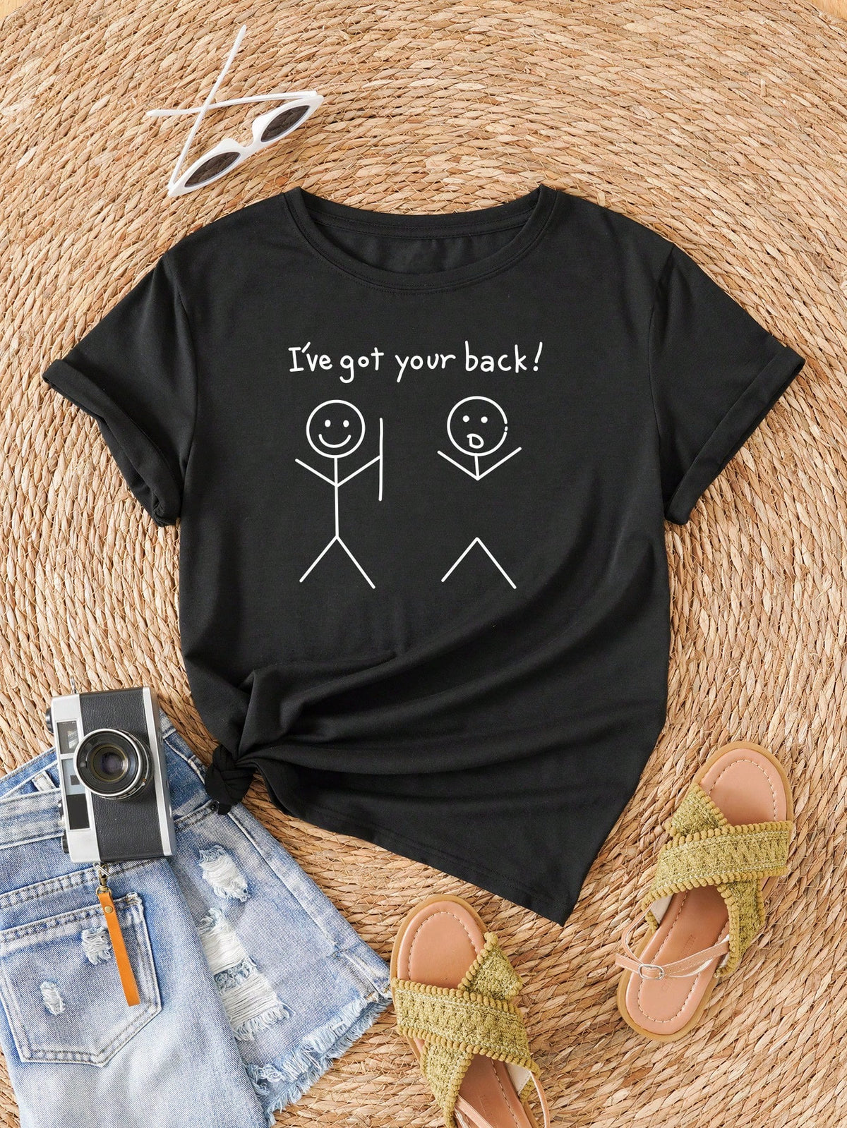 INAWLY Cartoon & Slogan Graphic Tee I've Got Your Back Graphic Tees Women Tops