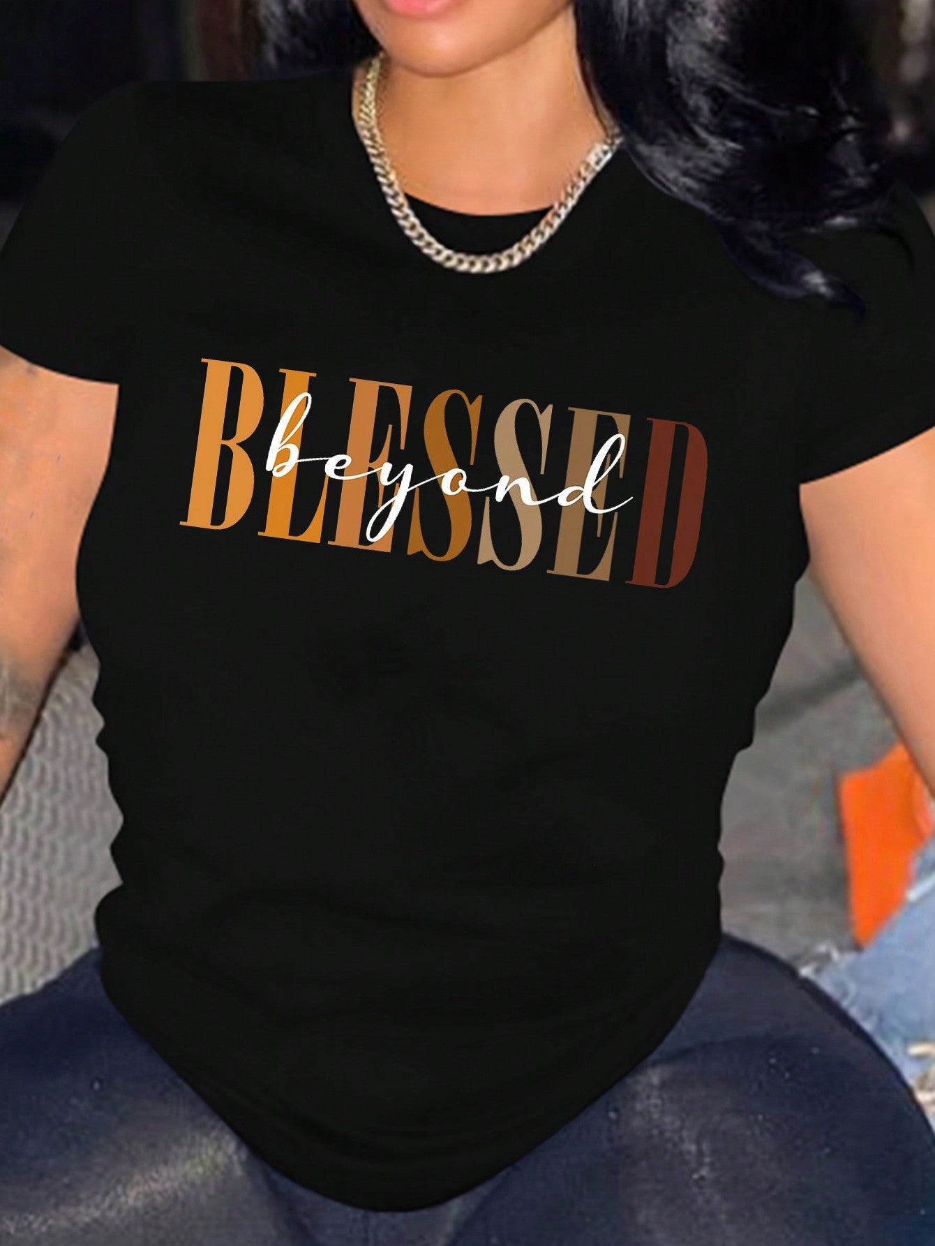 Women's Christian Faith Graphic T-Shirt, Inspirational Beyond Blessed Letter Print Tee, Casual Crew Neck Short Sleeve Religious Shirt, Soft Comfortable Everyday Top, Faith Based Gift for Women
