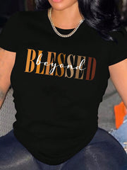 Women's Christian Faith Graphic T-Shirt, Inspirational Beyond Blessed Letter Print Tee, Casual Crew Neck Short Sleeve Religious Shirt, Soft Comfortable Everyday Top, Faith Based Gift for Women