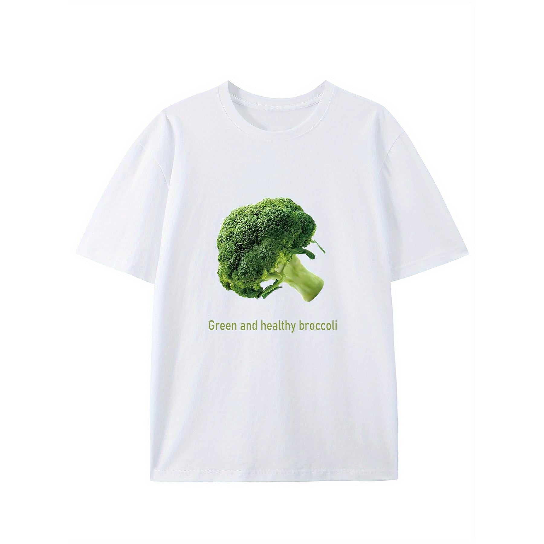 Women's Short-Sleeve Cotton T-Shirt - Green Healthy Broccoli Creative Pattern Crew Neck, Soft Sports Casual Daily Summer Trendy Top, Shortsleeve, Tshirt, Natural, Round Neck, Broccoli Print