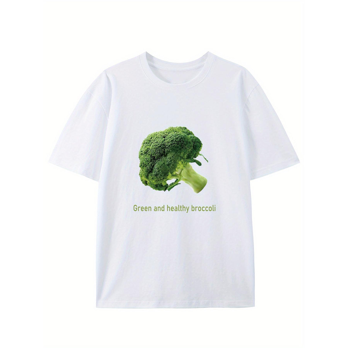 Women's Short-Sleeve Cotton T-Shirt - Green Healthy Broccoli Creative Pattern Crew Neck, Soft Sports Casual Daily Summer Trendy Top, Shortsleeve, Tshirt, Natural, Round Neck, Broccoli Print
