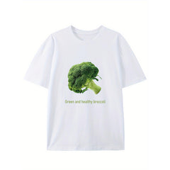 Women's Short-Sleeve Cotton T-Shirt - Green Healthy Broccoli Creative Pattern Crew Neck, Soft Sports Casual Daily Summer Trendy Top, Shortsleeve, Tshirt, Natural, Round Neck, Broccoli Print
