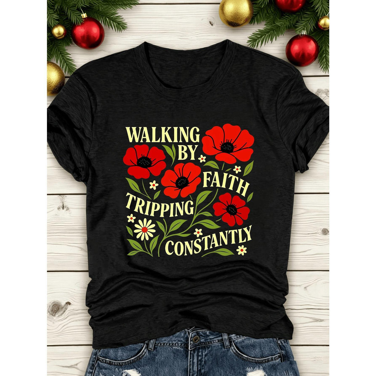 Women's Walking By Faith T-Shirt Chinese Print Round Neck Short Sleeve Top, Breathable Machine Washable Casual Blouse Tee Suitable For Summer