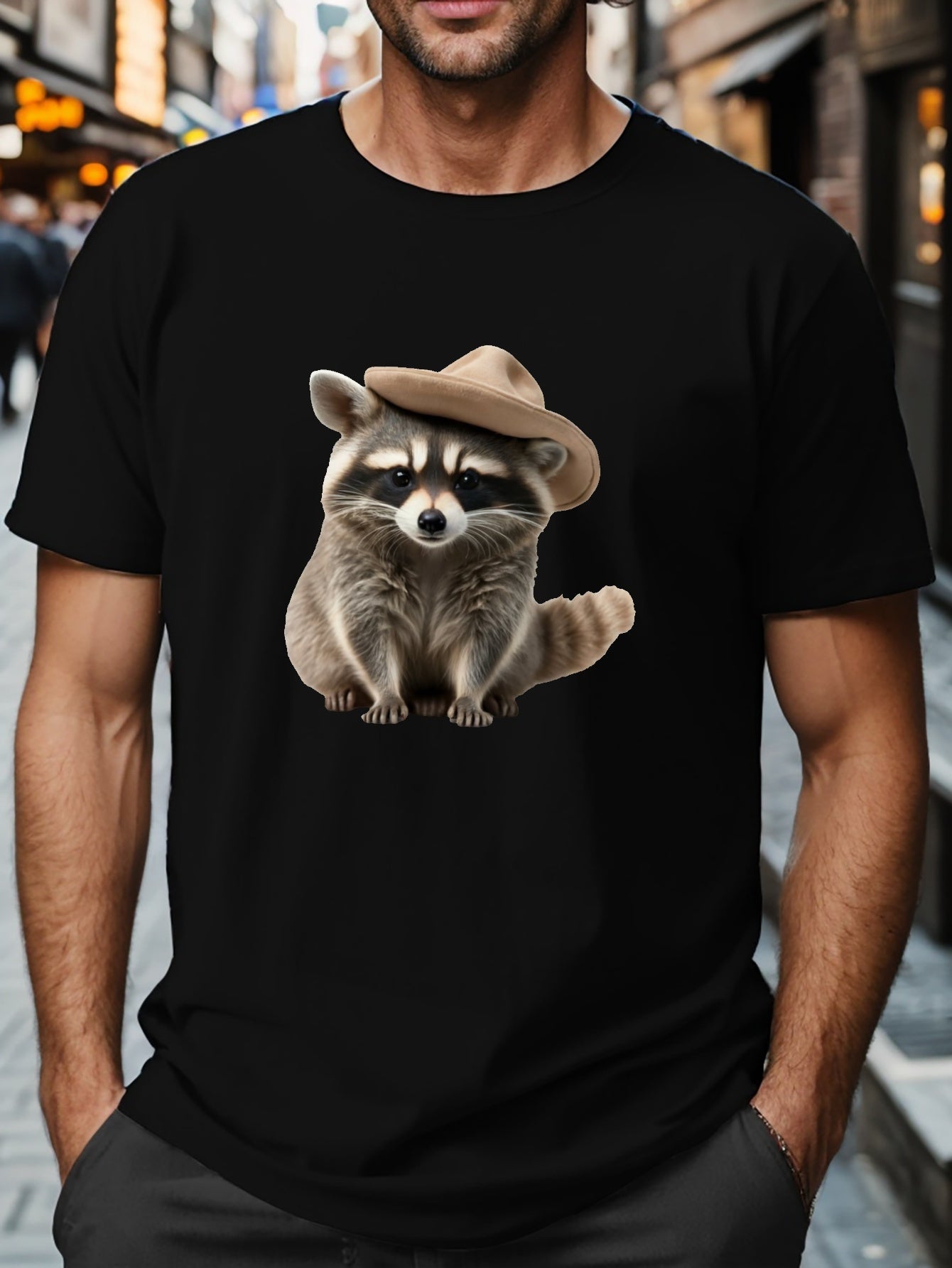 Raccoon Print Men's Short Sleeve T-shirts, Comfy Casual Tops