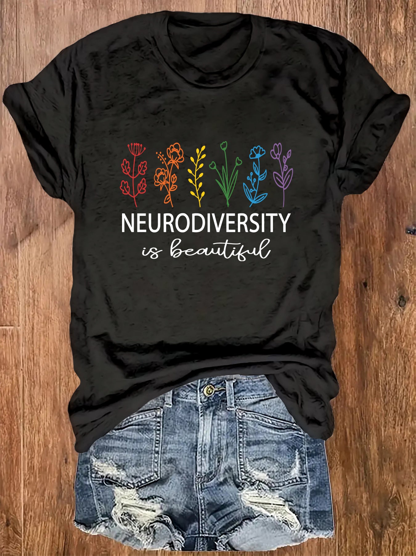 Women's Neurodiversity Is Beautiful Shirt Colorful Wildflower Graphic Tee Autism Mom Advocate Gift Top