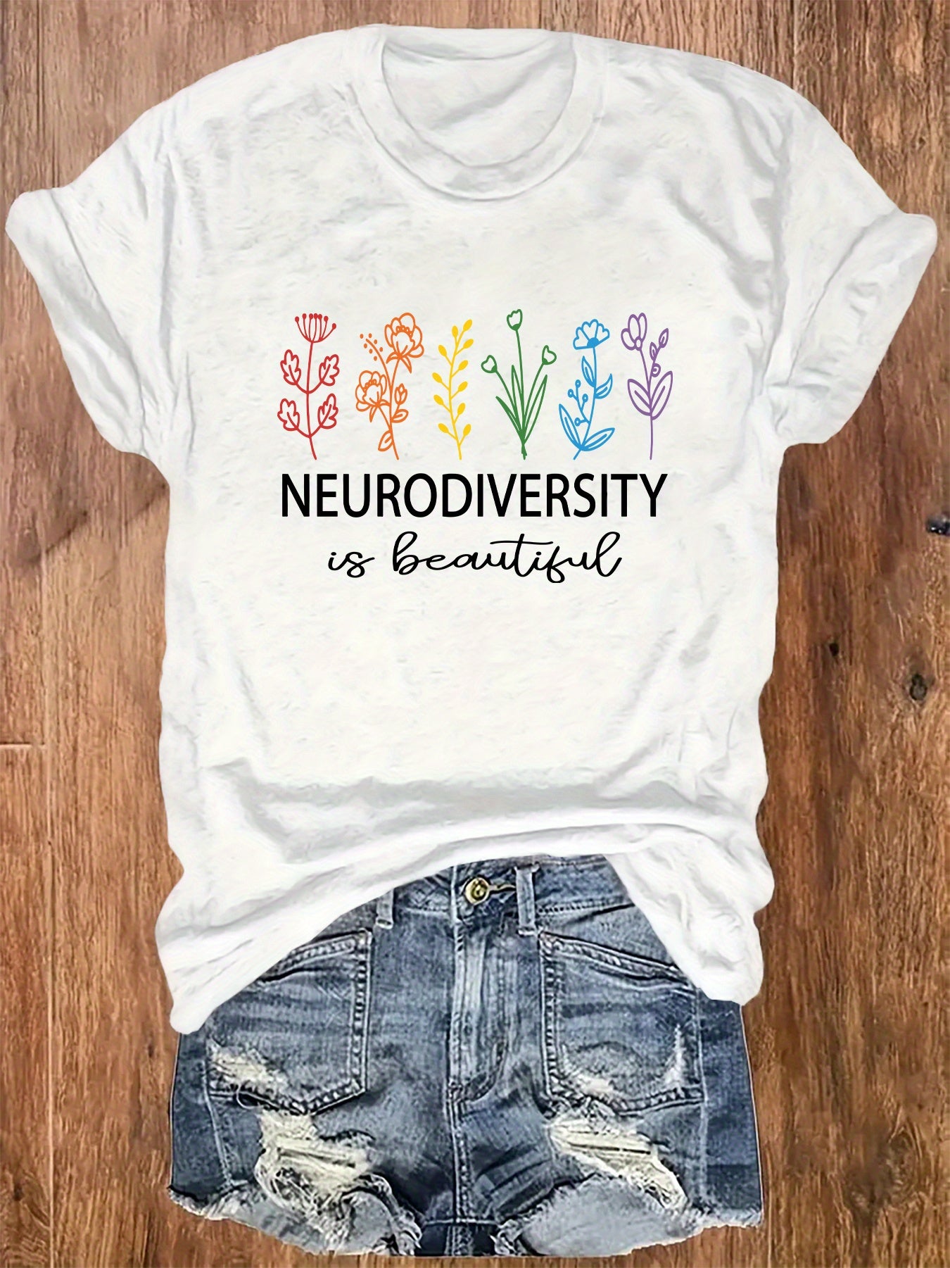 Women's Neurodiversity Is Beautiful Shirt Colorful Wildflower Graphic Tee Autism Mom Advocate Gift Top