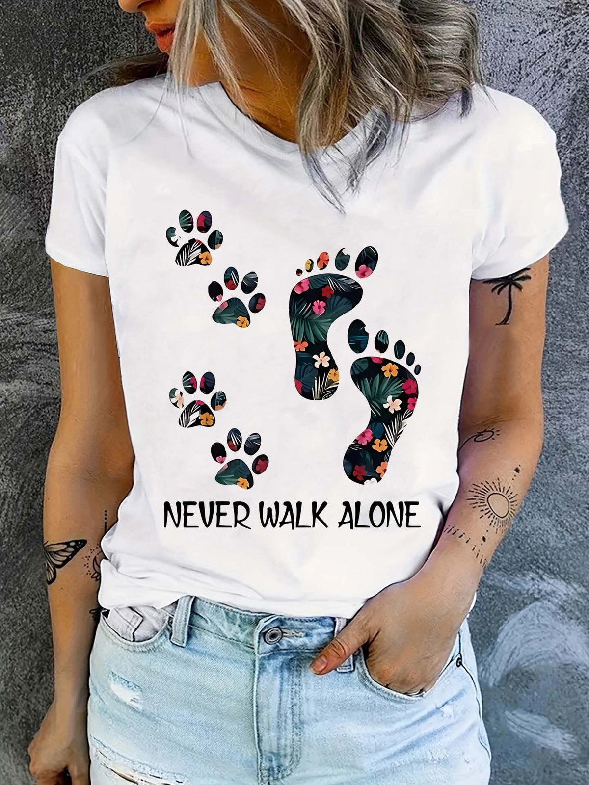 Never Walk Alone Print T-shirt, Short Sleeve Crew Neck Casual Top For Summer & Spring, Women's Clothing