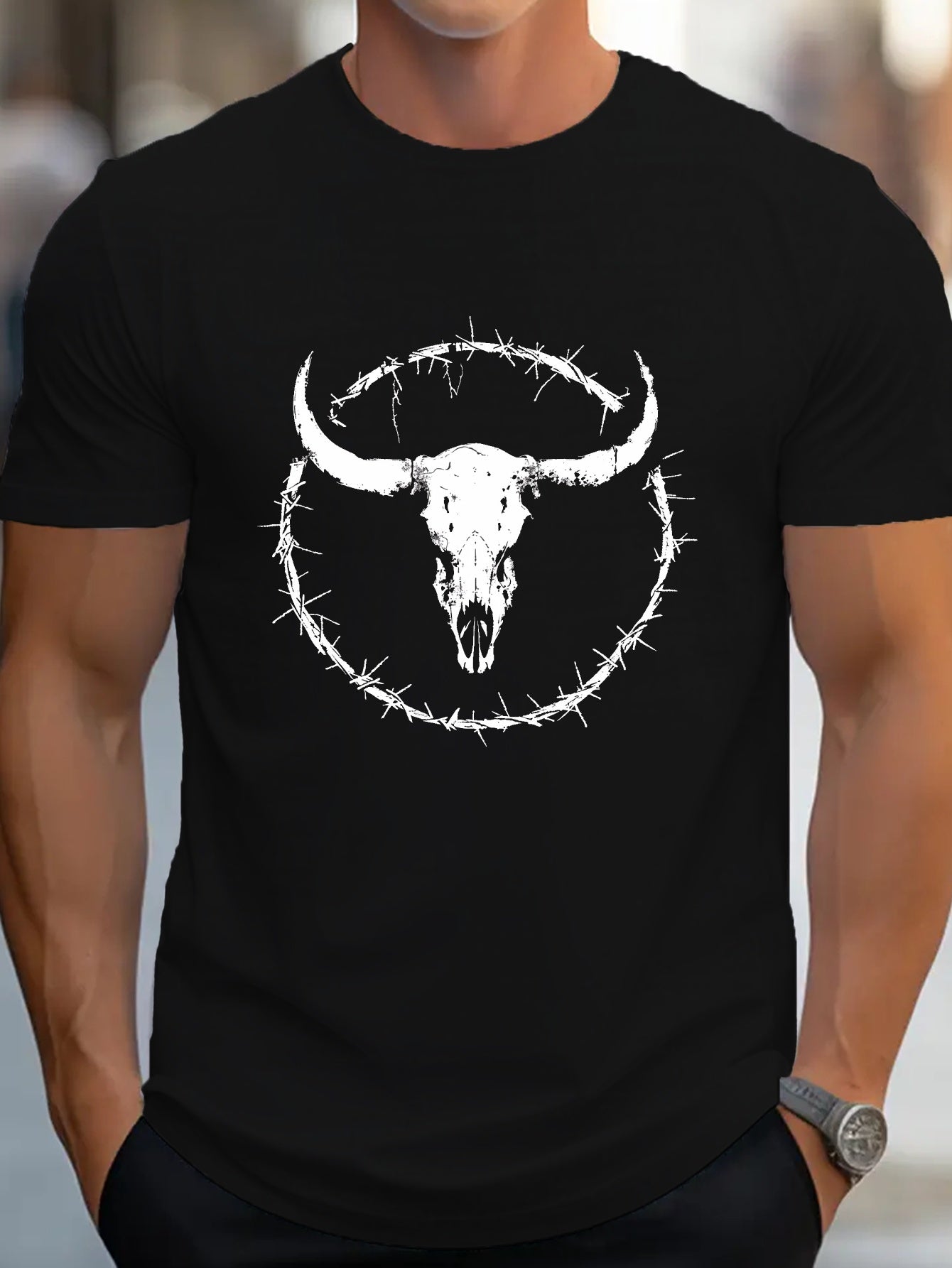 Western Bull Skull Design Men's Casual Grew Neck Short Sleeve T-Shirt