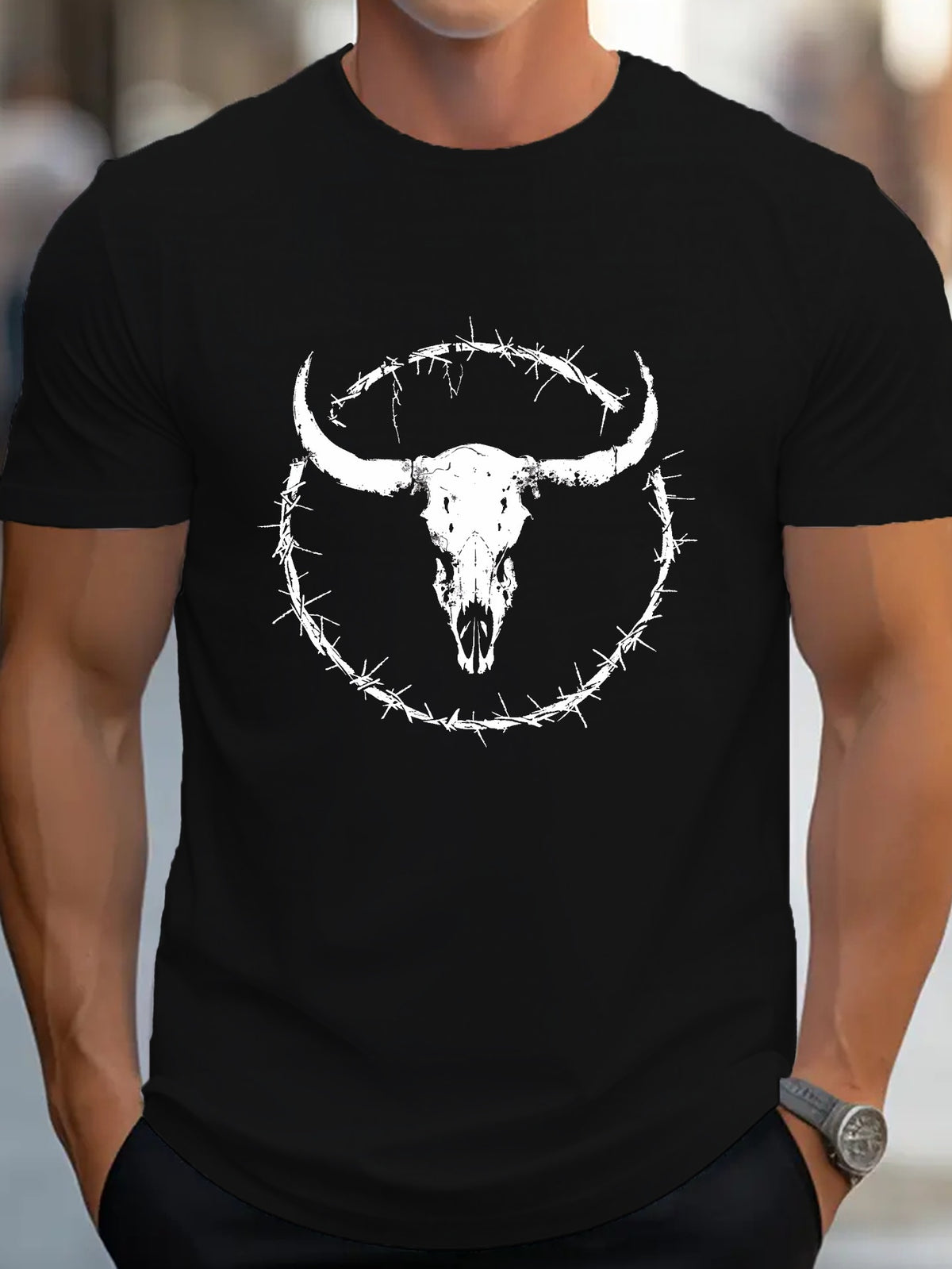 Western Bull Skull Design Men's Casual Grew Neck Short Sleeve T-Shirt