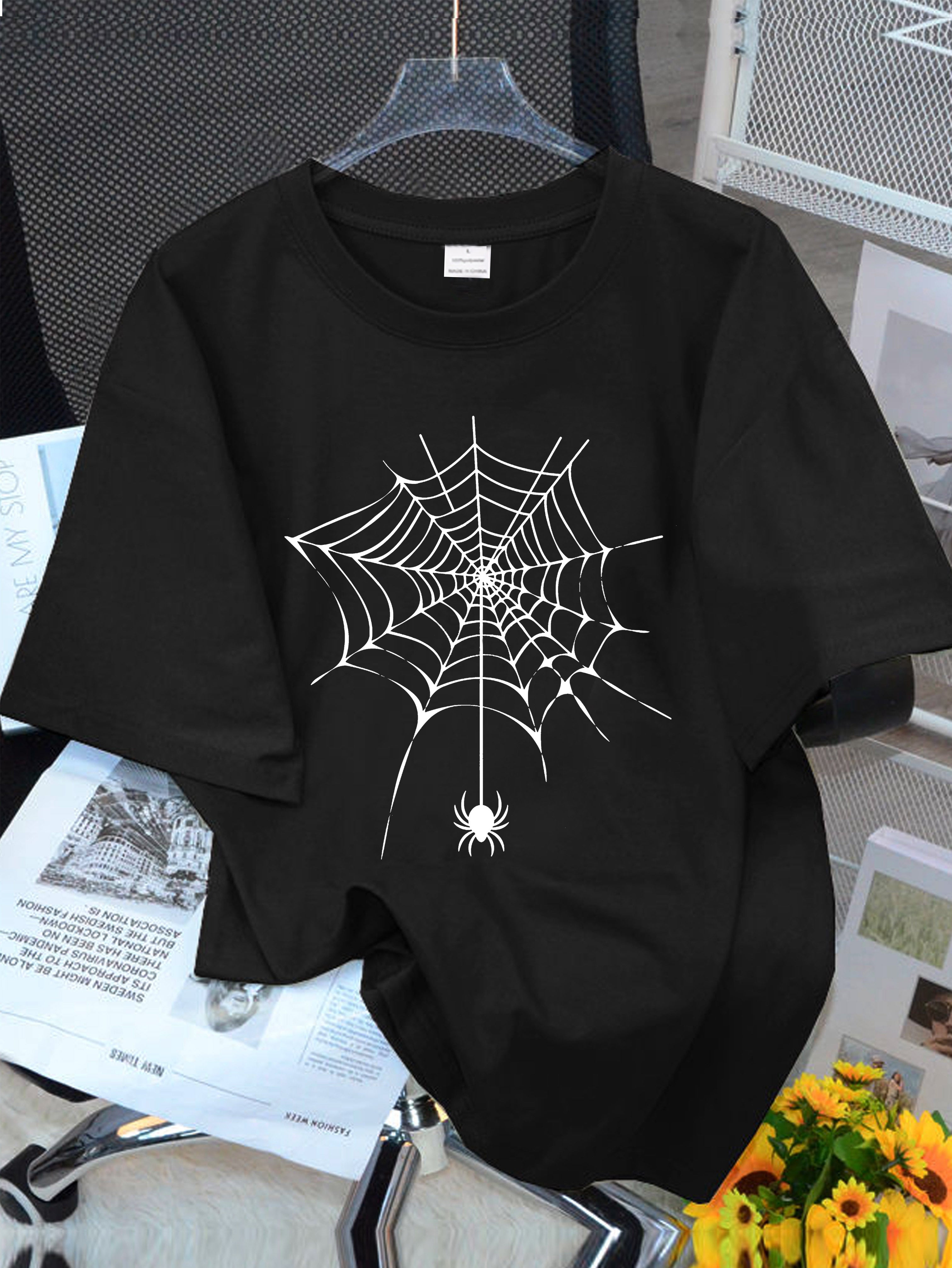 Spider Web T-Shirt Halloween Tee Simple Line Art Spider Graphic Top