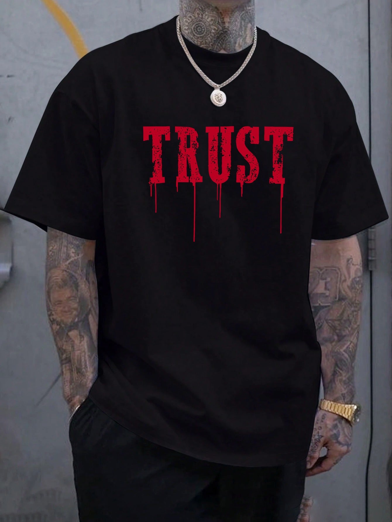 Mens TRUST Drip Graphic T-Shirt Vintage Streetwear Hip Hop Casual Cotton Tee Top
