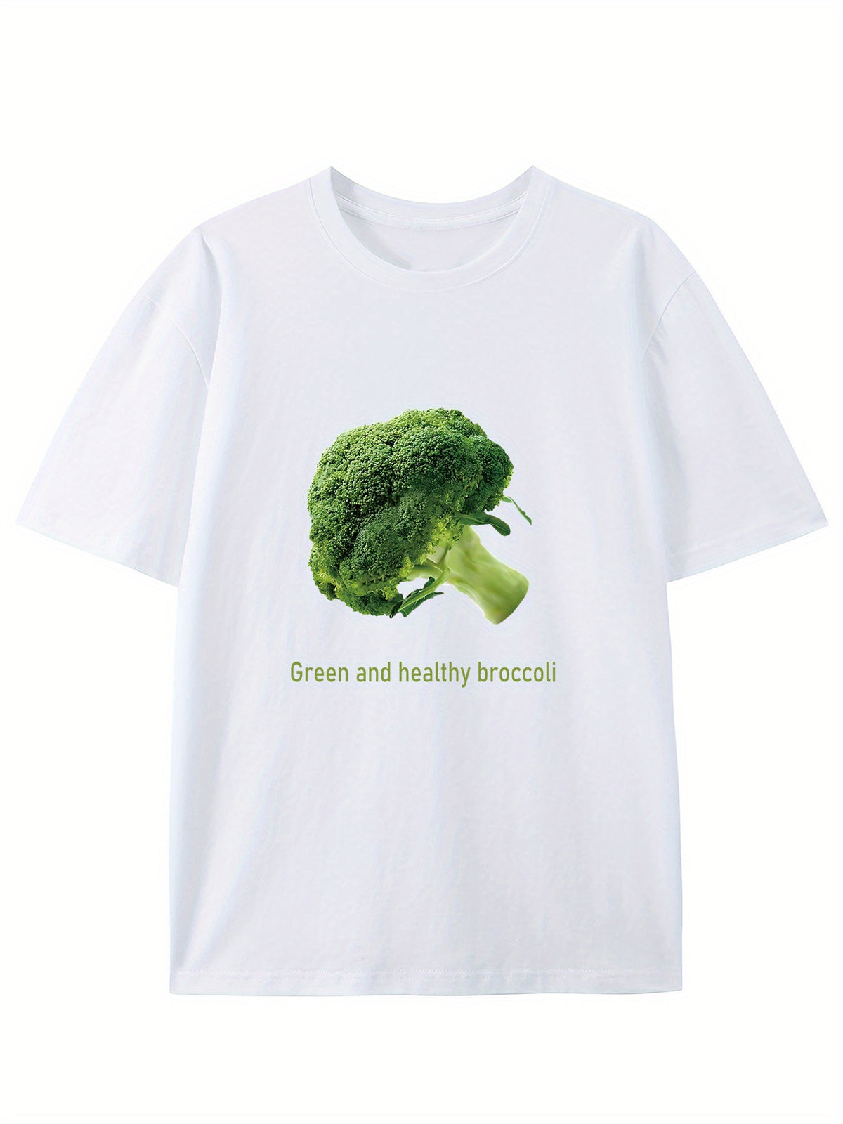Green And Healthy Broccoli, Creative Pattern Crew Neck T-Shirt, Pure Summer Trendy Fashion Short Sleeves, Casual Daily Style Top