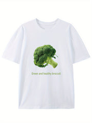 Green And Healthy Broccoli, Creative Pattern Crew Neck T-Shirt, Pure Summer Trendy Fashion Short Sleeves, Casual Daily Style Top