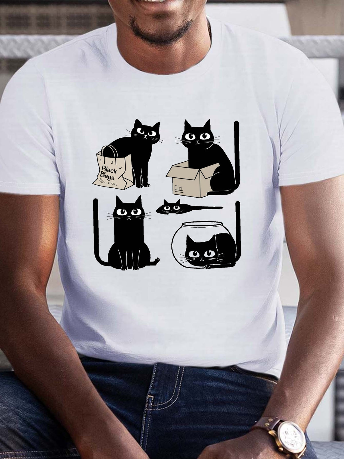 Men's Humorous Black Cat Graphic Tee - Crew Neck, Trendy Casual Wear for Adult, Summer Fashion Essential